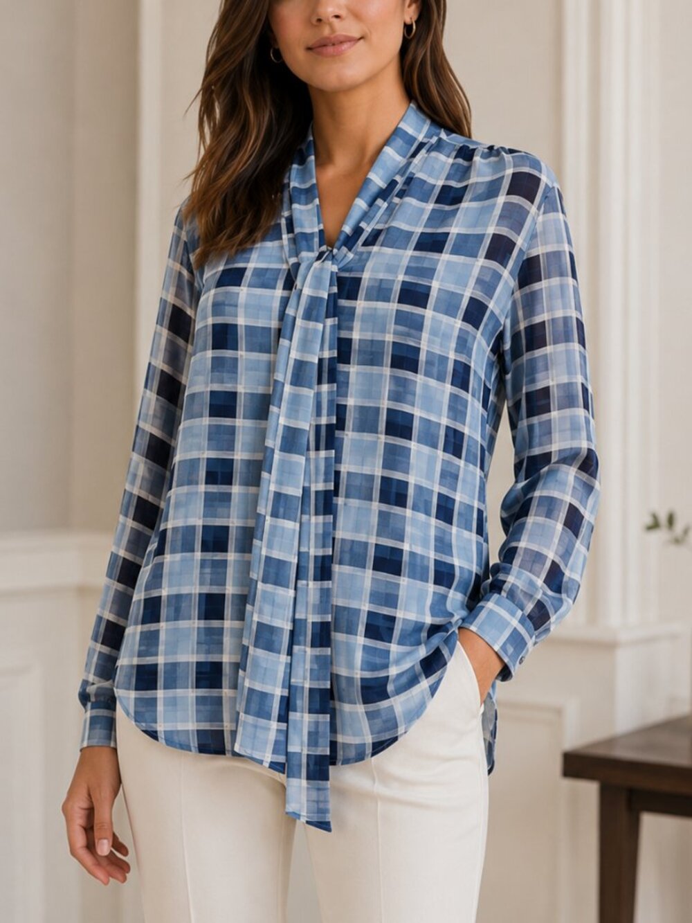 Ann Taylor Top Tie Neck Blue Plaid Long Sleeve Semi Sheer Chiffon Blouse Large